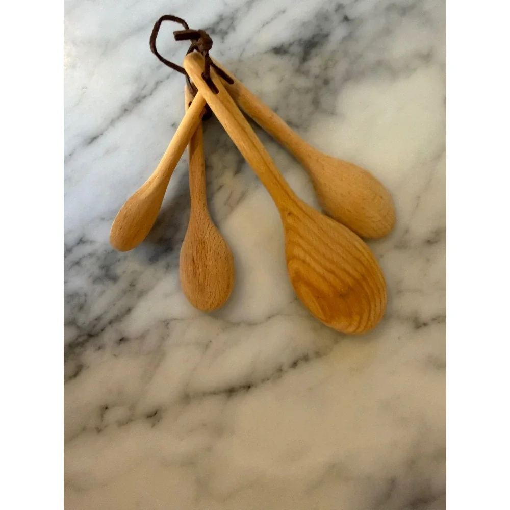 Vintage Handcrafted Wooden Measuring Spoons Set of 4 with Leather Tie Cord